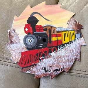 Hand-Painted Train on saw blade Wall Art